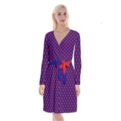 Red Stars Pattern On Blue Long Sleeve Velvet Front Wrap Dress by BrightVibesDesign