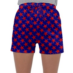 Red Stars Pattern On Blue Sleepwear Shorts by BrightVibesDesign