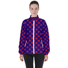 Red Stars Pattern On Blue Women s High Neck Windbreaker by BrightVibesDesign