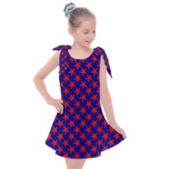 Red Stars Pattern On Blue Kids  Tie Up Tunic Dress by BrightVibesDesign