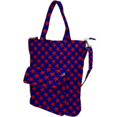 Red Stars Pattern On Blue Shoulder Tote Bag by BrightVibesDesign