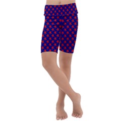 Red Stars Pattern On Blue Kids  Lightweight Velour Cropped Yoga Leggings by BrightVibesDesign