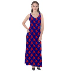 Red Stars Pattern On Blue Sleeveless Velour Maxi Dress by BrightVibesDesign