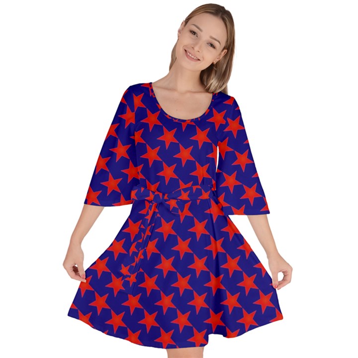 Red Stars Pattern On Blue Velour Kimono Dress