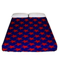 Red Stars Pattern On Blue Fitted Sheet (king Size) by BrightVibesDesign