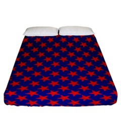 Red Stars Pattern On Blue Fitted Sheet (california King Size) by BrightVibesDesign