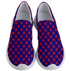 Red Stars Pattern On Blue Women s Lightweight Slip Ons by BrightVibesDesign