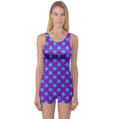 Turquoise Stars Pattern On Purple One Piece Boyleg Swimsuit by BrightVibesDesign