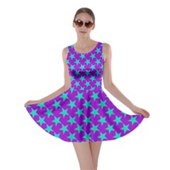 Turquoise Stars Pattern On Purple Skater Dress by BrightVibesDesign