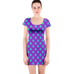 Turquoise Stars Pattern On Purple Short Sleeve Bodycon Dress by BrightVibesDesign