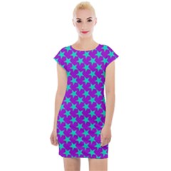 Turquoise Stars Pattern On Purple Cap Sleeve Bodycon Dress by BrightVibesDesign