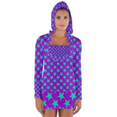 Turquoise Stars Pattern On Purple Long Sleeve Hooded T-shirt by BrightVibesDesign