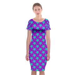 Turquoise Stars Pattern On Purple Classic Short Sleeve Midi Dress by BrightVibesDesign