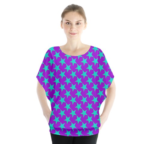 Turquoise Stars Pattern On Purple Batwing Chiffon Blouse by BrightVibesDesign