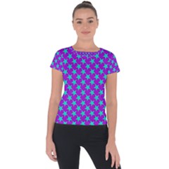 Turquoise Stars Pattern On Purple Short Sleeve Sports Top  by BrightVibesDesign