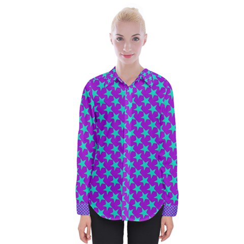 Turquoise Stars Pattern On Purple Womens Long Sleeve Shirt by BrightVibesDesign