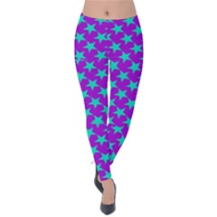 Turquoise Stars Pattern On Purple Velvet Leggings by BrightVibesDesign