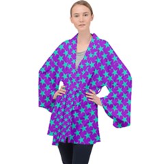 Turquoise Stars Pattern On Purple Velvet Kimono Robe by BrightVibesDesign