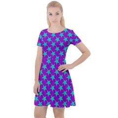 Turquoise Stars Pattern On Purple Cap Sleeve Velour Dress  by BrightVibesDesign