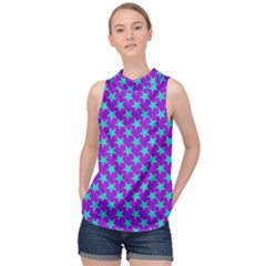 Turquoise Stars Pattern On Purple High Neck Satin Top by BrightVibesDesign