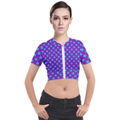 Turquoise Stars Pattern On Purple Short Sleeve Cropped Jacket by BrightVibesDesign