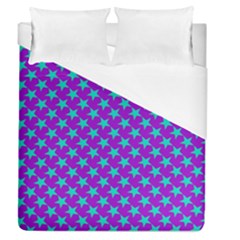 Turquoise Stars Pattern On Purple Duvet Cover (queen Size) by BrightVibesDesign