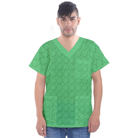 Clover Quatrefoil Pattern Men s V-neck Scrub Top by emilyzragz