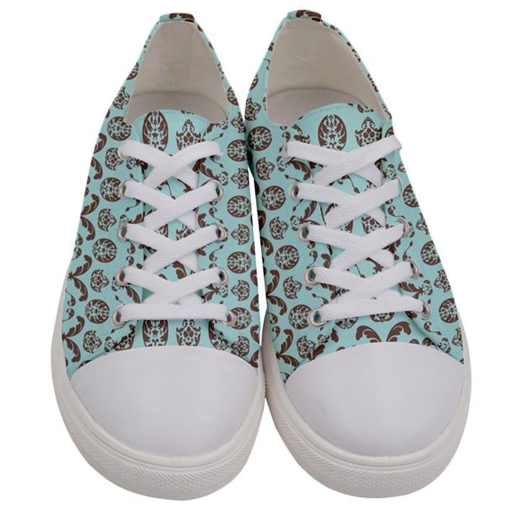 Easter Damask Pattern Robins Egg Blue and Brown Women s Low Top Canvas Sneakers