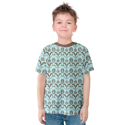 Easter Damask Pattern Robins Egg Blue And Brown Kids  Cotton Tee by emilyzragz