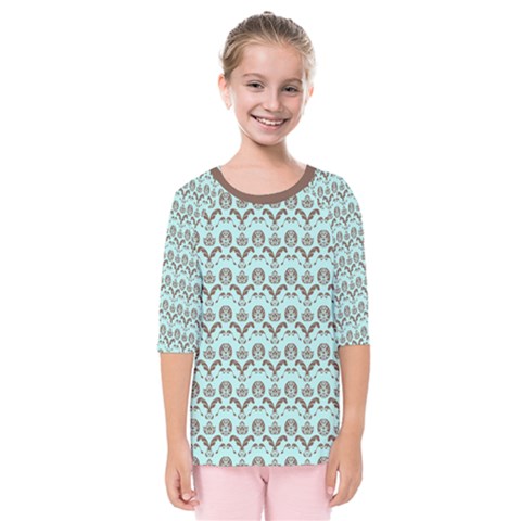 Easter Damask Pattern Robins Egg Blue And Brown Kids  Quarter Sleeve Raglan Tee by emilyzragz