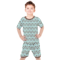 Easter Damask Pattern Robins Egg Blue And Brown Kids  Tee And Shorts Set by emilyzragz