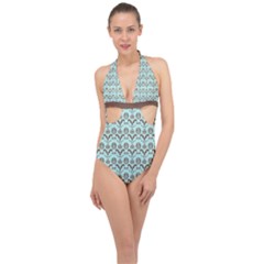 Easter Damask Pattern Robins Egg Blue And Brown Halter Front Plunge Swimsuit