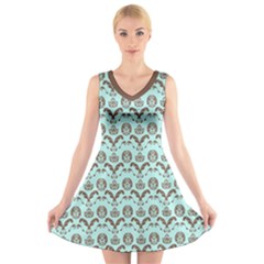 Easter Damask Pattern Robins Egg Blue And Brown V-neck Sleeveless Dress by emilyzragz