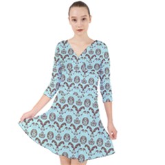 Easter Damask Pattern Robins Egg Blue And Brown Quarter Sleeve Front Wrap Dress by emilyzragz