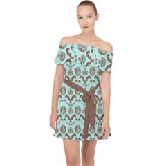 Easter Damask Pattern Robins Egg Blue And Brown Off Shoulder Chiffon Dress by emilyzragz