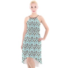 Easter Damask Pattern Robins Egg Blue And Brown High-low Halter Chiffon Dress  by emilyzragz