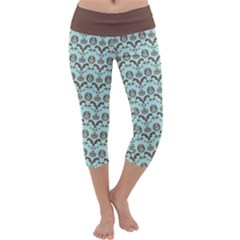 Easter Damask Pattern Robins Egg Blue And Brown Capri Yoga Leggings by emilyzragz