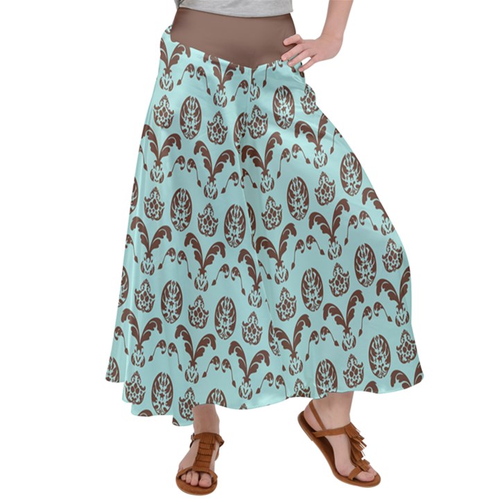 Easter Damask Pattern Robins Egg Blue and Brown Satin Palazzo Pants