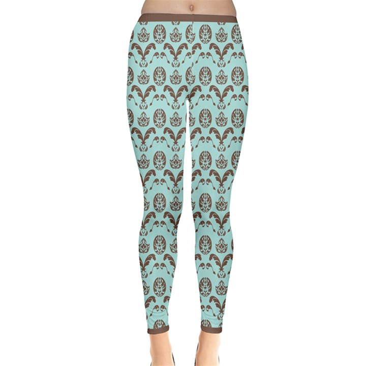 Easter Damask Pattern Robins Egg Blue and Brown Inside Out Leggings