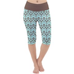 Easter Damask Pattern Robins Egg Blue And Brown Lightweight Velour Cropped Yoga Leggings by emilyzragz