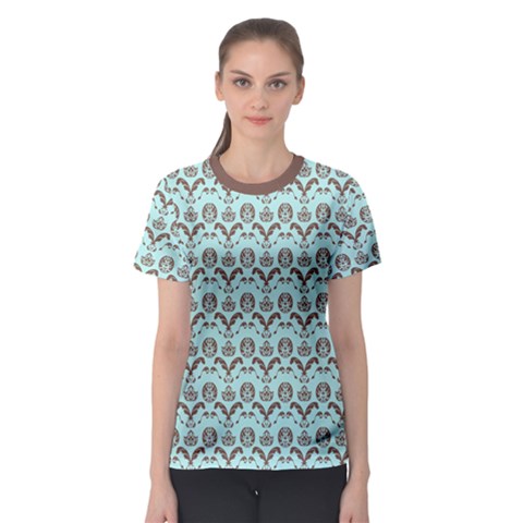 Easter Damask Pattern Robins Egg Blue And Brown Women s Sport Mesh Tee by emilyzragz