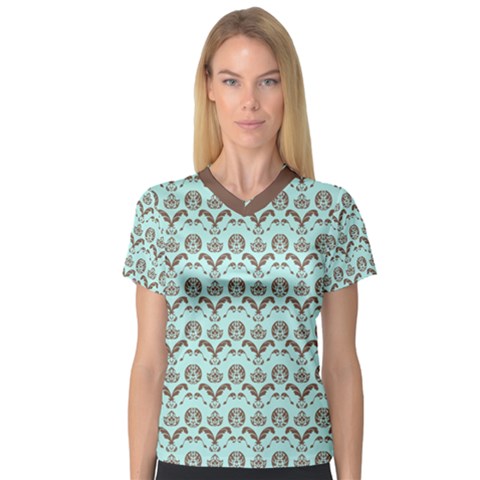 Easter Damask Pattern Robins Egg Blue And Brown V-neck Sport Mesh Tee by emilyzragz