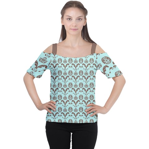 Easter Damask Pattern Robins Egg Blue And Brown Cutout Shoulder Tee by emilyzragz