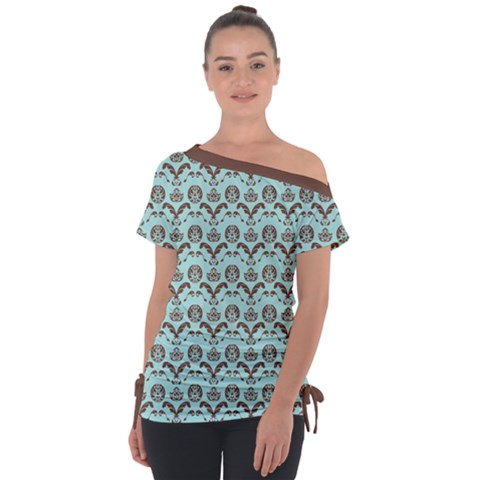 Easter Damask Pattern Robins Egg Blue And Brown Tie-up Tee by emilyzragz