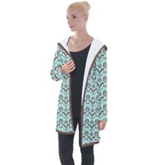 Easter Damask Pattern Robins Egg Blue And Brown Longline Hooded Cardigan