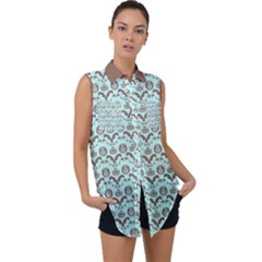 Easter Damask Pattern Robins Egg Blue And Brown Sleeveless Chiffon Button Shirt