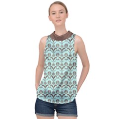 Easter Damask Pattern Robins Egg Blue And Brown High Neck Satin Top