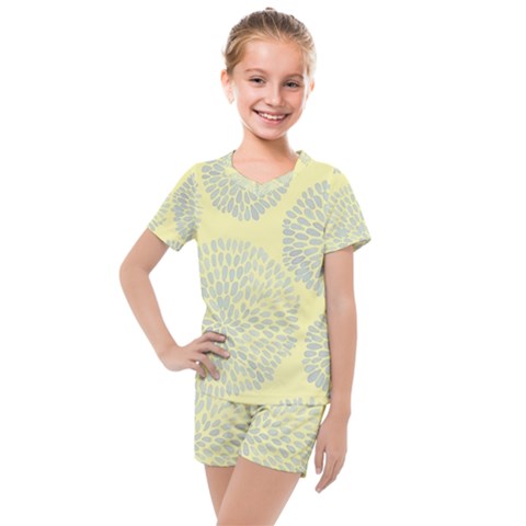 Spring Dahlia Print - Pale Yellow & Light Blue Kids  Mesh Tee And Shorts Set by WensdaiAmbrose