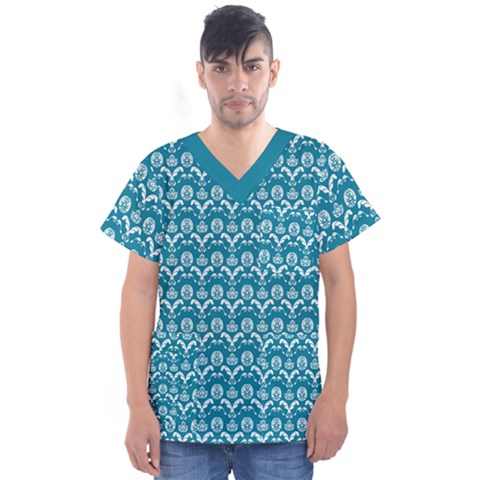 Easter Damask Pattern Deep Teal Blue And White Men s V-neck Scrub Top by emilyzragz