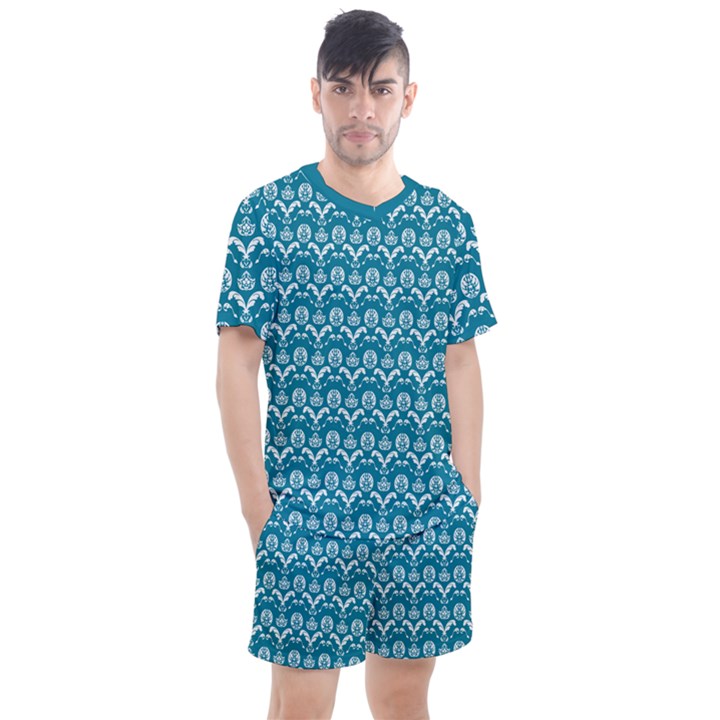 Easter Damask Pattern Deep Teal Blue and White Men s Mesh Tee and Shorts Set